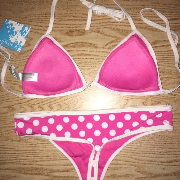 New Womens 2pc Super Sexy Playboy Polka Dot Thong Swimsuit Bikini Size Large