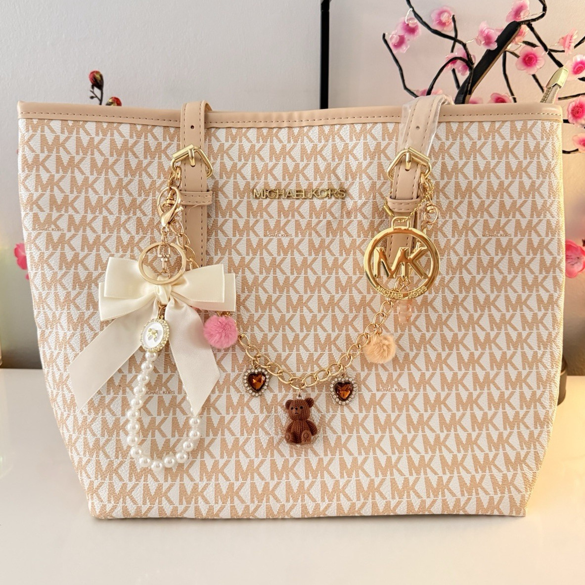 Michael Kors Monogram Tote Bag Beige Shoulder Strap Gold Hardware Chain Charm