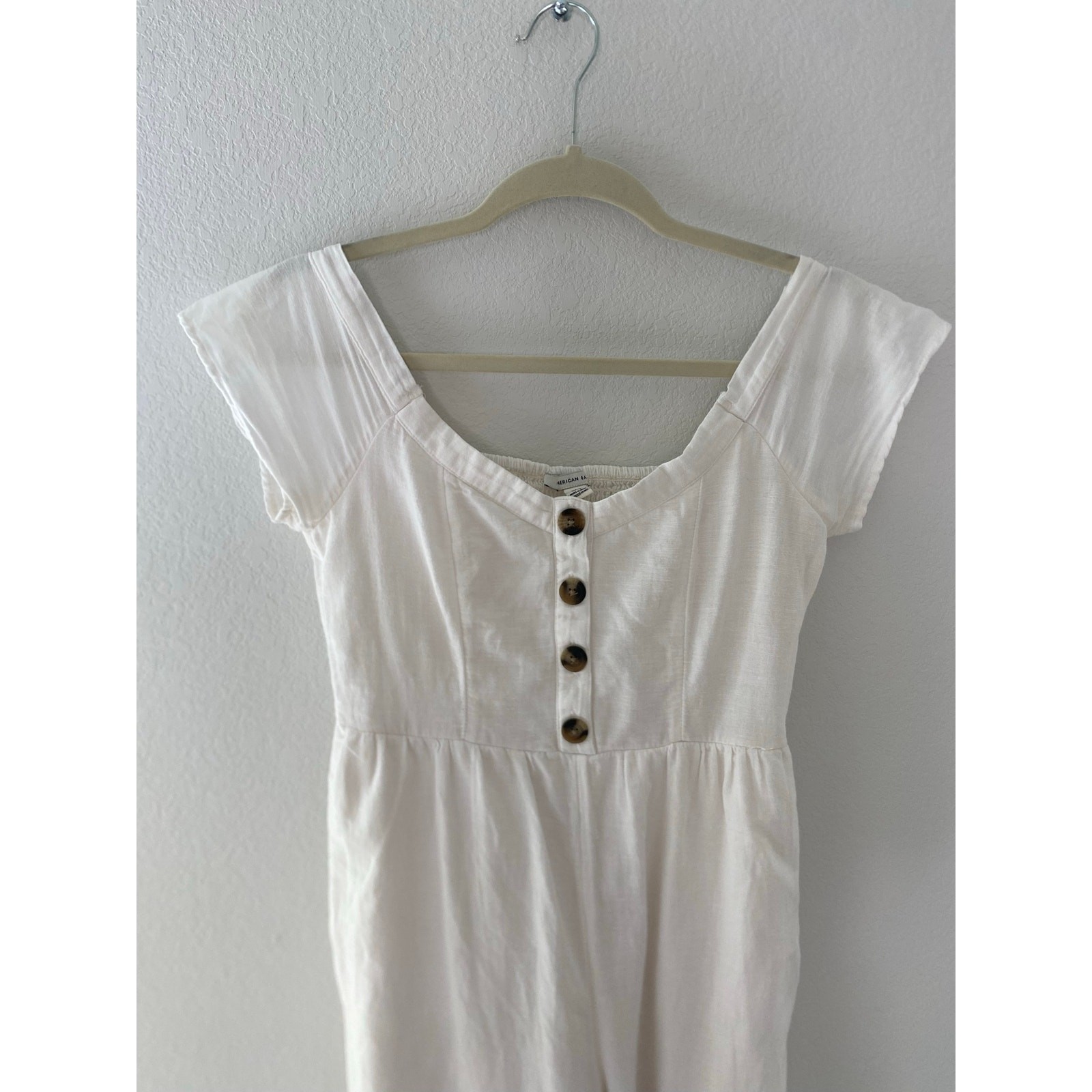 American Eagle Cream Linen Blend Button Front Wide Leg Jumpsuit Size S/P