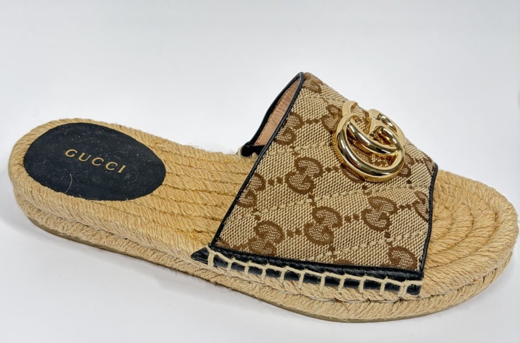 Gucci GG Matelasse Espadrille Slide Sandal Beige Ebony Womens 34.5 / US 4.5