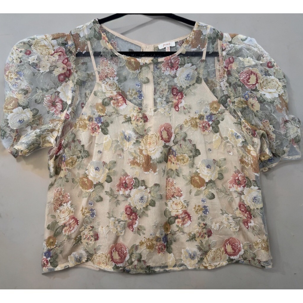 Peach Semi-sheer Floral Top Chiffon Zip Up Multicolored-3X