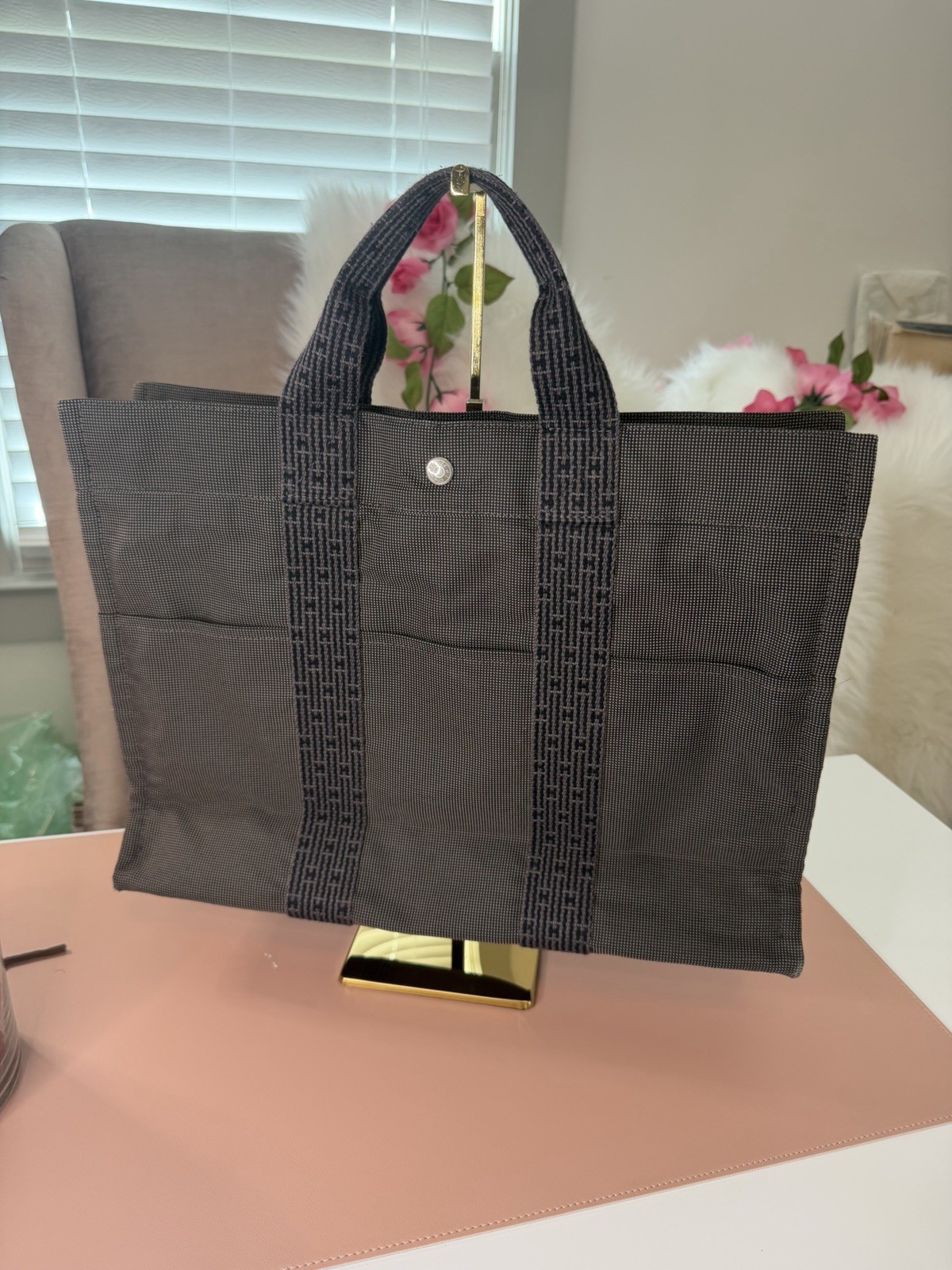 Hermes Vintage Herline MM Canvas Tote Bag Charcoal Grey