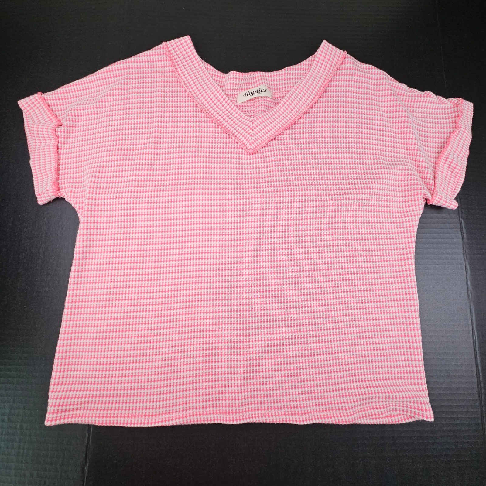 Haptics by Holly Harper Pink Jacquard Gingham V-Neck Top Short Sleeve Loungewear