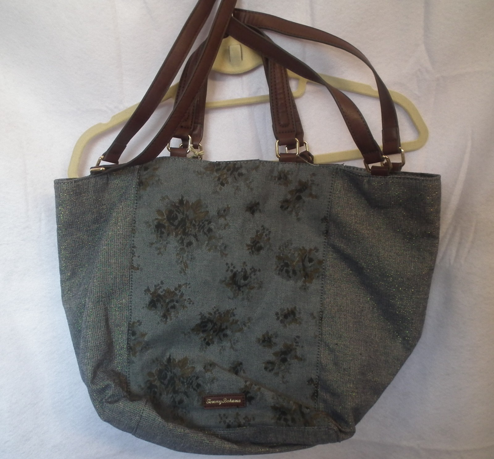 Tommy Bahama Convertible Tote Coral Reef Floral Blue Denim Purse NWT
