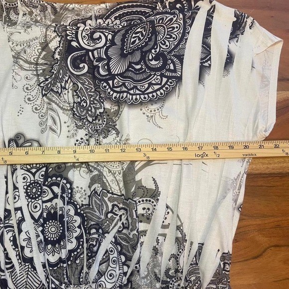 Navy White Paisley Medallion Blouson Top Smocked Waist Dolman Sleeve Boho