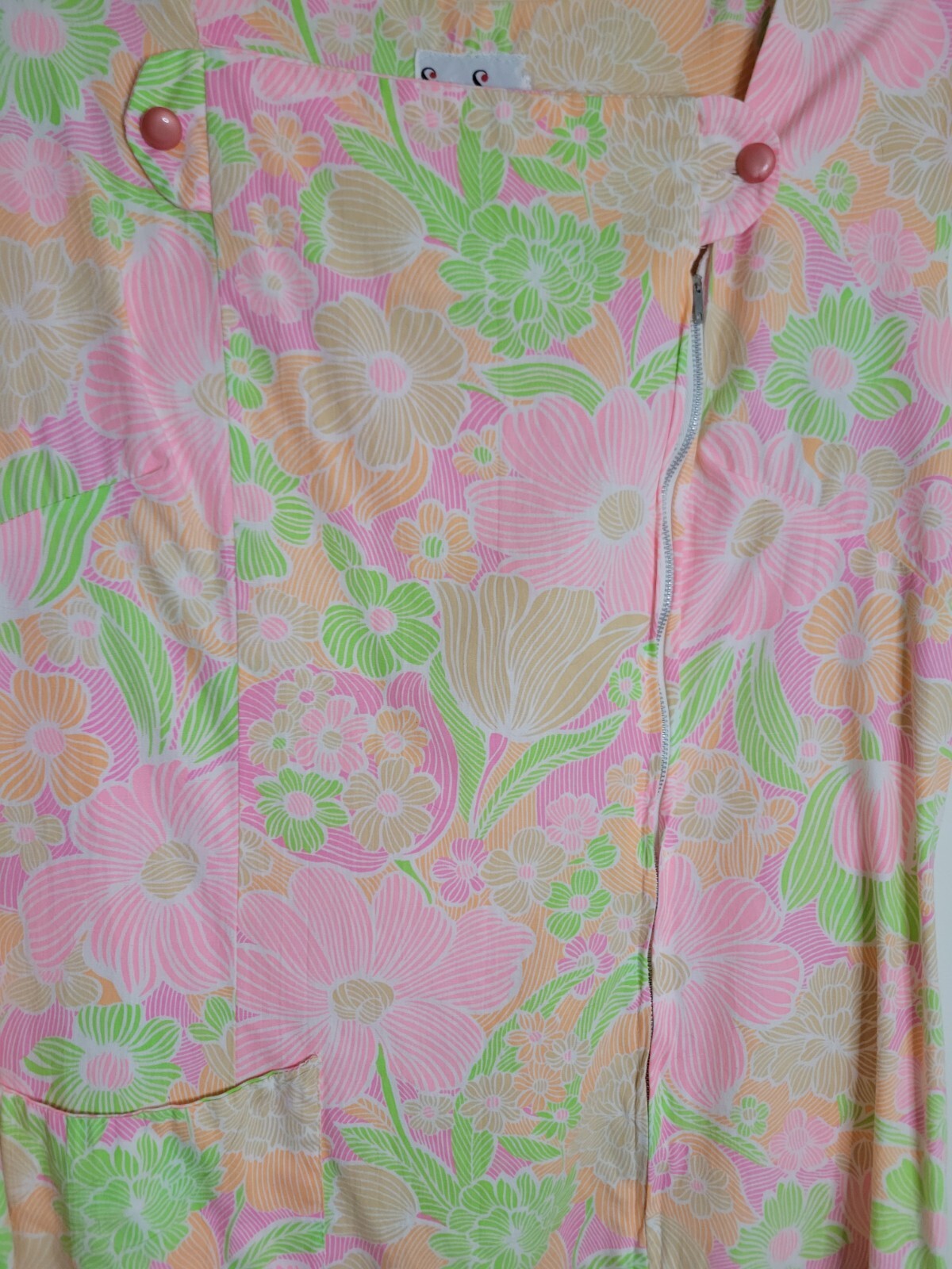 Vintage Shaker Square Neon Floral Zip Front A-Line Shift House Dress