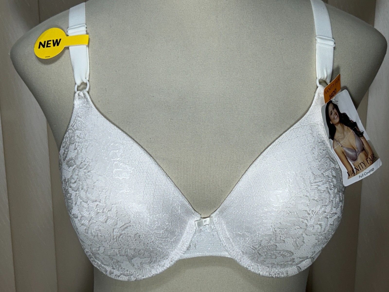 Vanity Fair T Shirt Bra 34DD Underwire No Poke Wire White Jacquard Print 75346