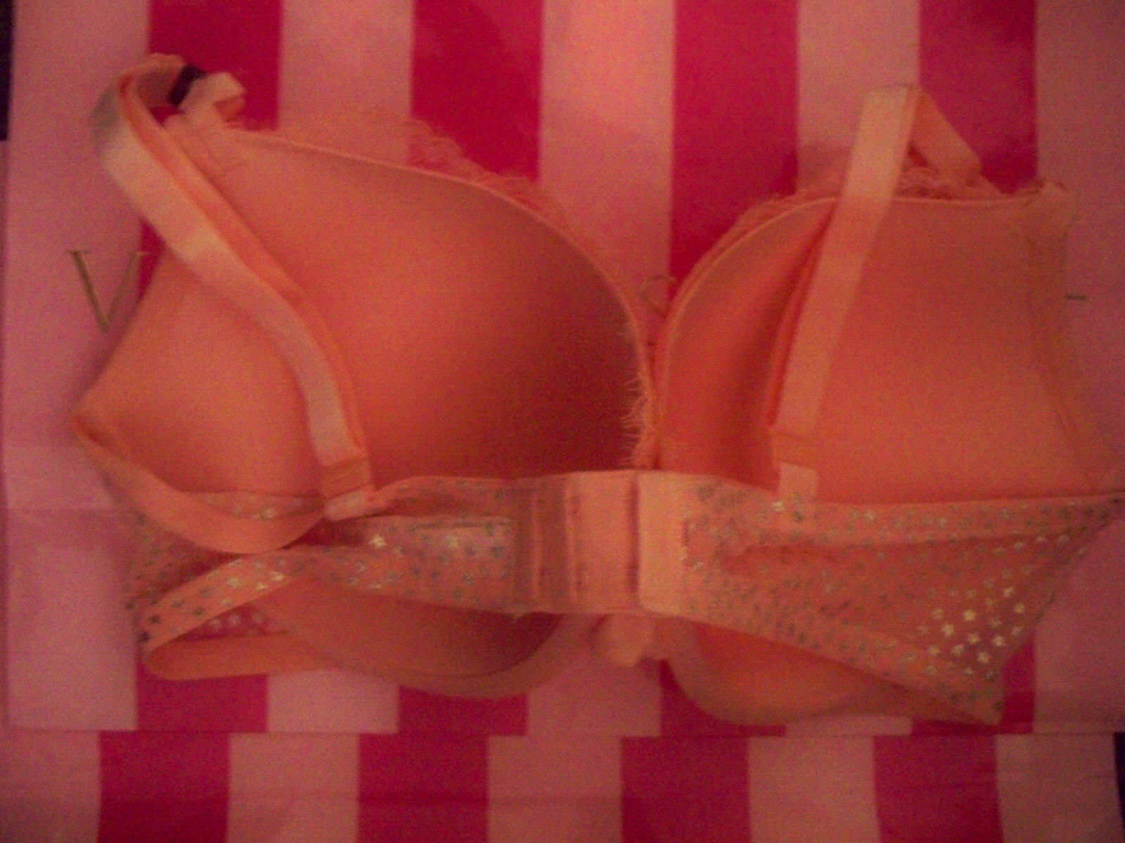 38D Peach LACE Mesh STAR Wings VELVET Strap Victorias Secret Plunge PU UW Bra