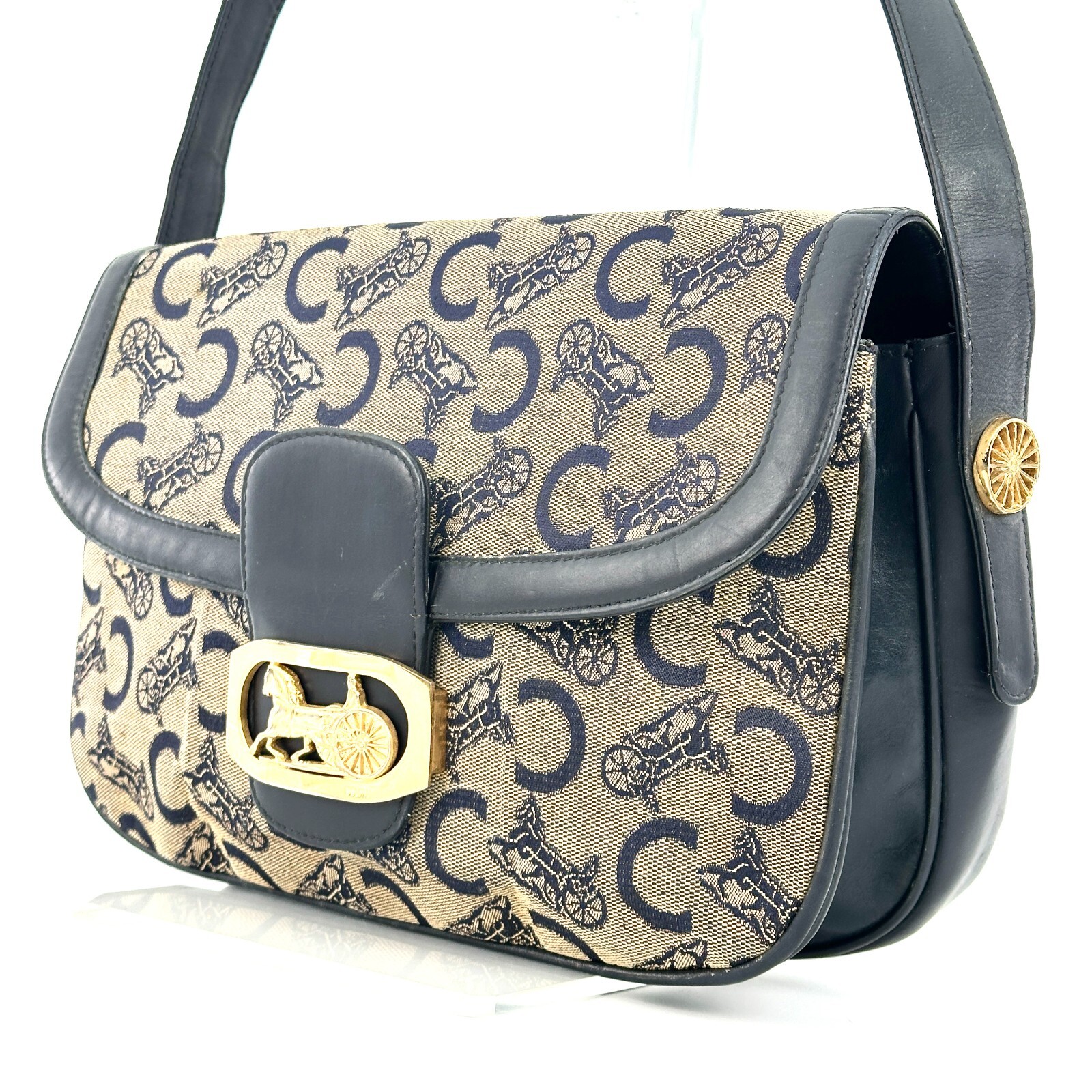 Vintage Celine Horse Carriage C Macadam Shoulder Bag Navy Authentic [Rank B]