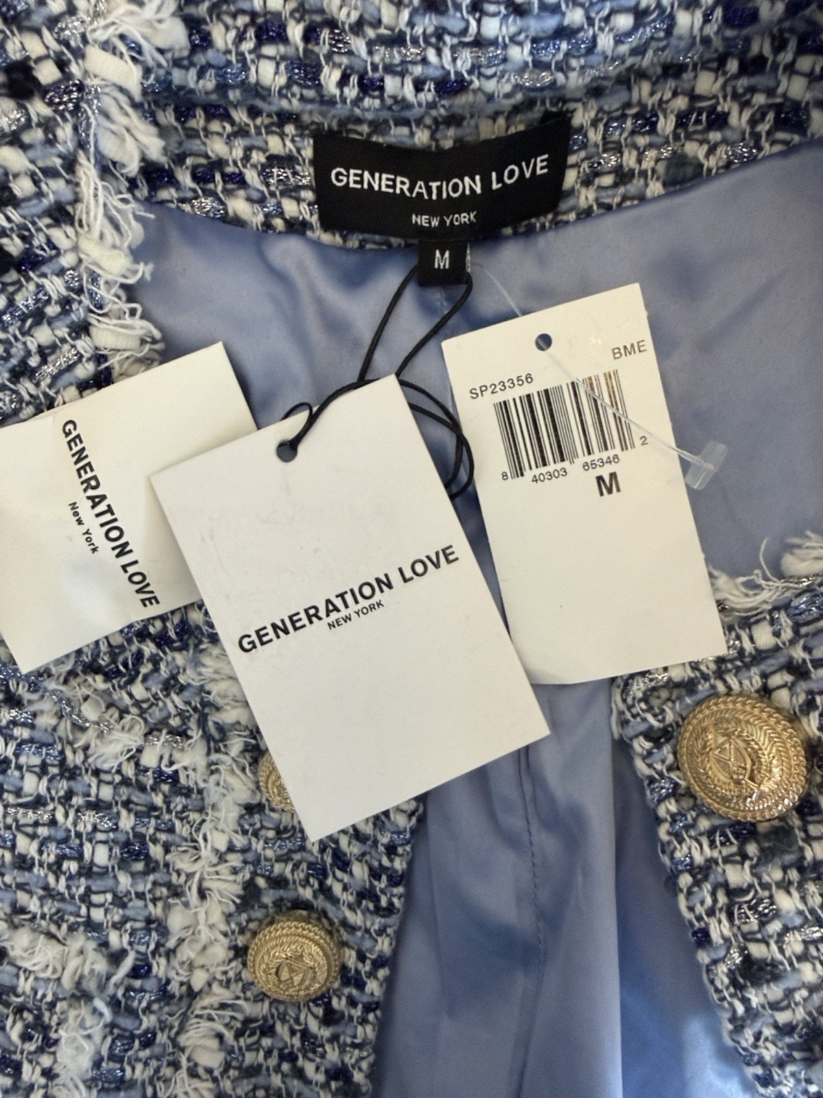 Generation Love Karson Tweed Jacket Blue Melange Size M NWT