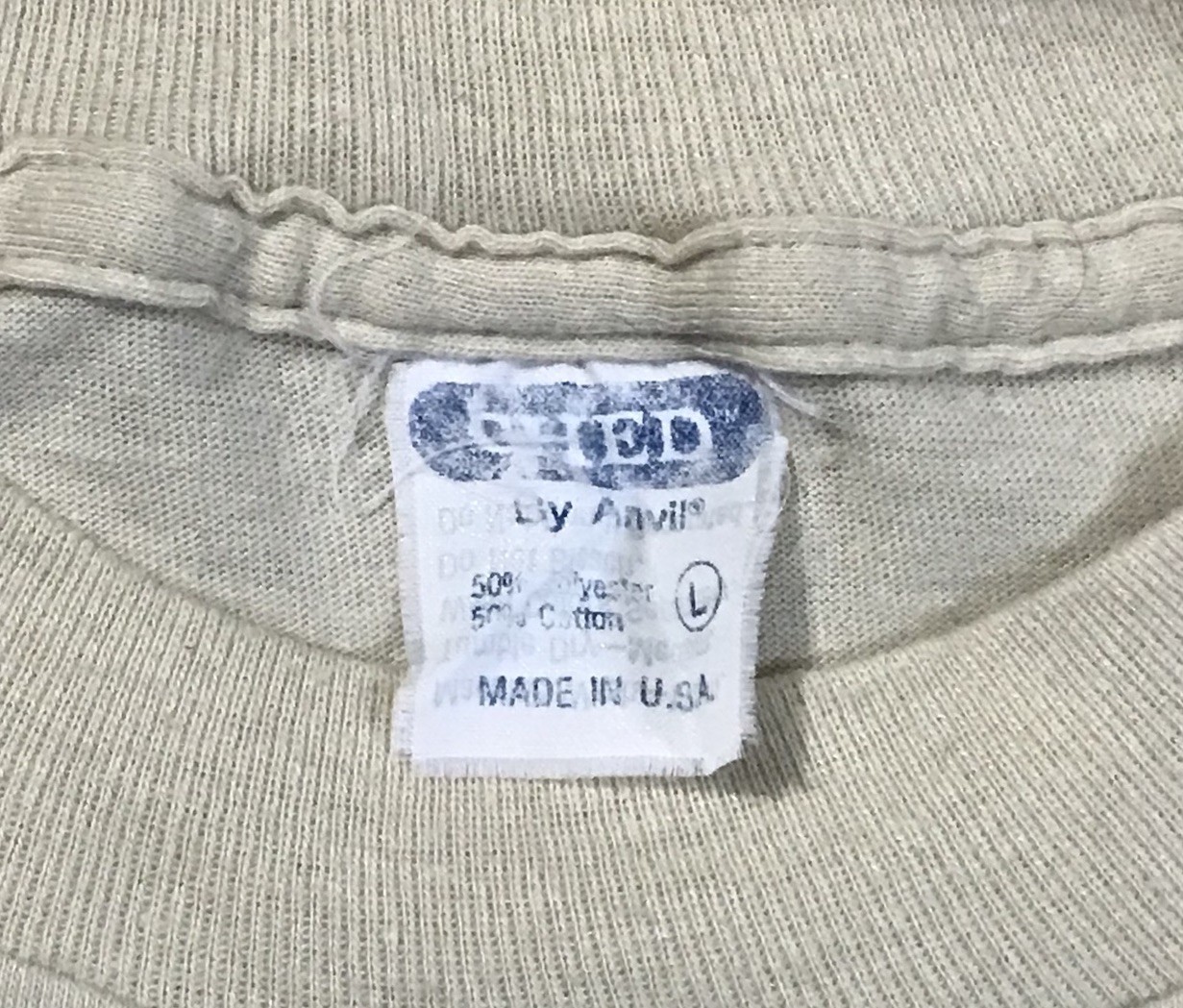 Vintage Ched by Anvil Single Stitch USA L T-Shirt Off White Flatley Company Logo