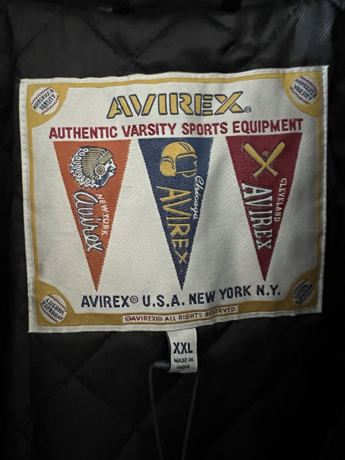 Avirex Men’s Varsity Leather Jacket Black/White Embroidered Logo Pockets 2XL