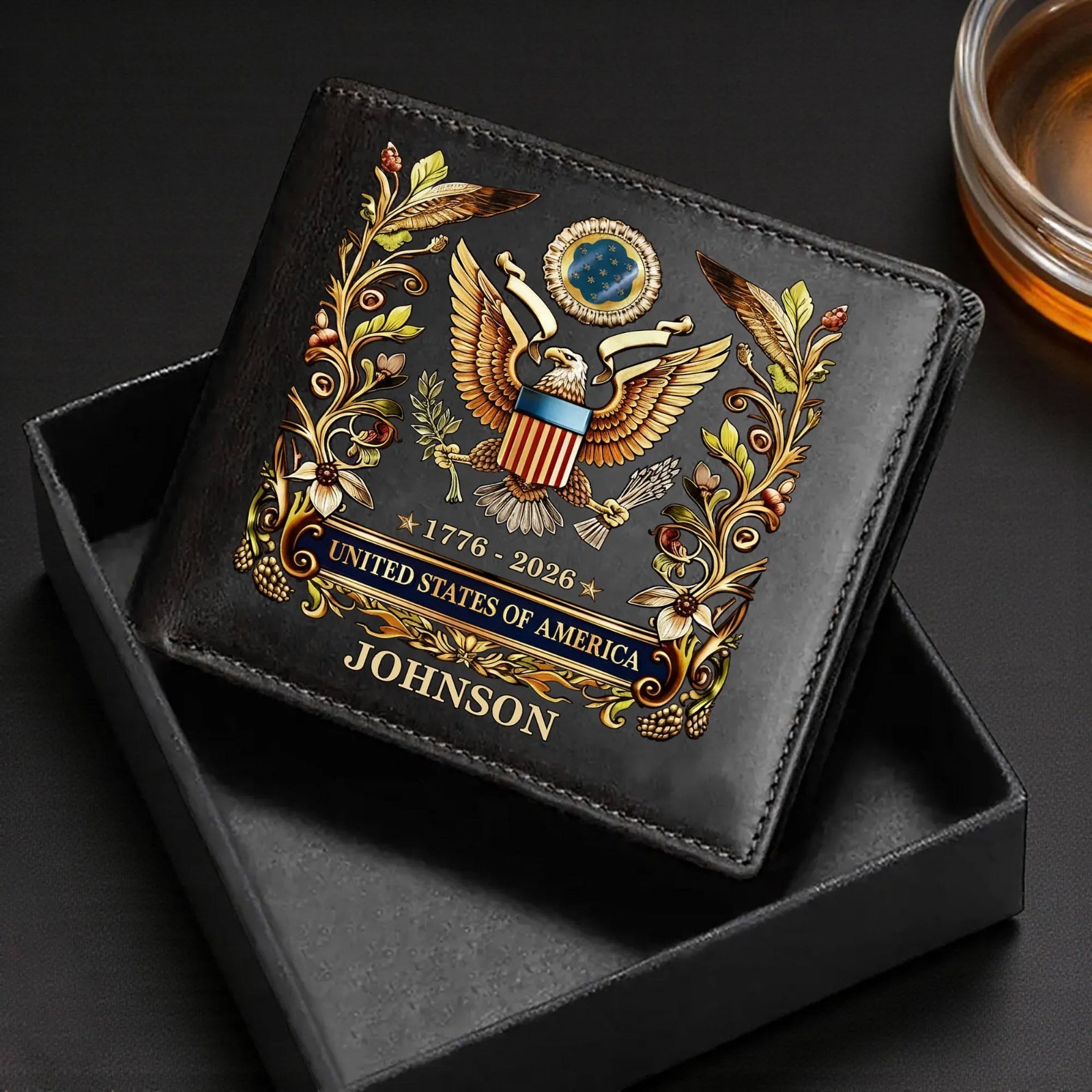 Custom USA Eagle Leather Wallet 1776-2026 250th Anniversary Patriotic Gift Men