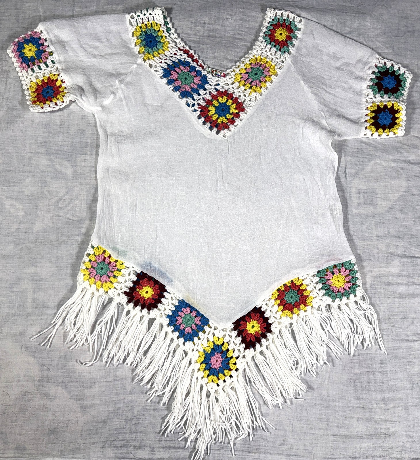 India Boutique Gauze Crochet Granny Square Boho Tunic Beach Cover-Up Top M/L 1SZ
