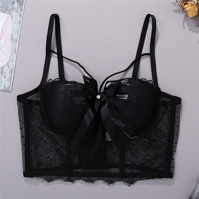Sexy Mesh Lace Bustier Crop Top Women’s Bow Nightclub Festival Party Corset