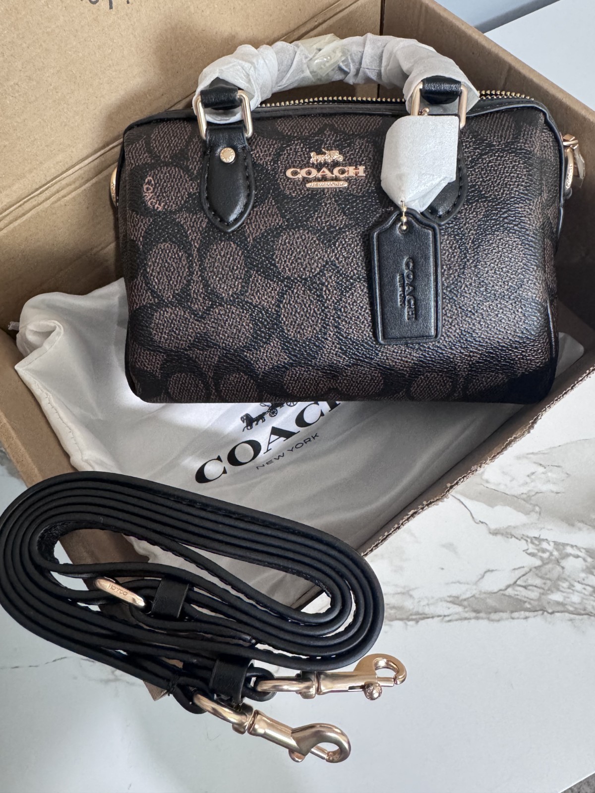 NEW Coach Mini Rowan Crossbody Bag In Signature Canvas CW329 Gold/Walnut/Black