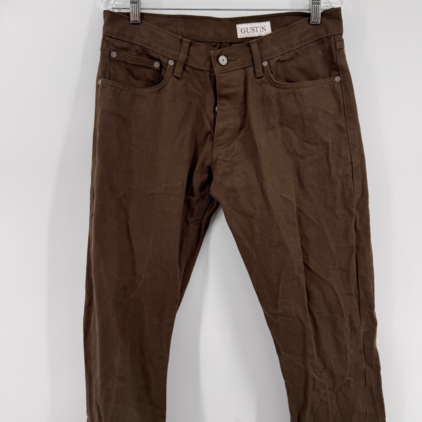 Gustin Slim Fit Pants Mens 35 Brown Cotton Twill Made in USA Button Fly Heritage