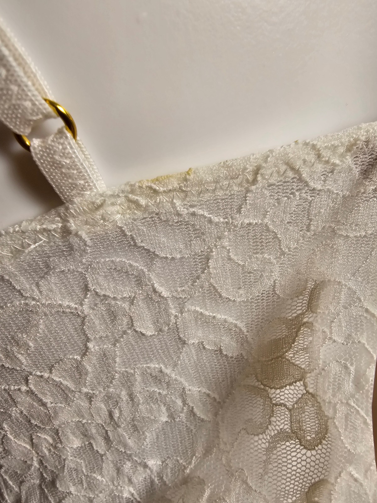Victoria’s Secret Slip Dress Medium White Lace Sheer Mesh Chemise STAIN