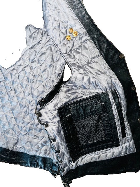 Geronimo Mens Black Leather Vest Side Lace Up Snap Front Quilted Liner Size 46