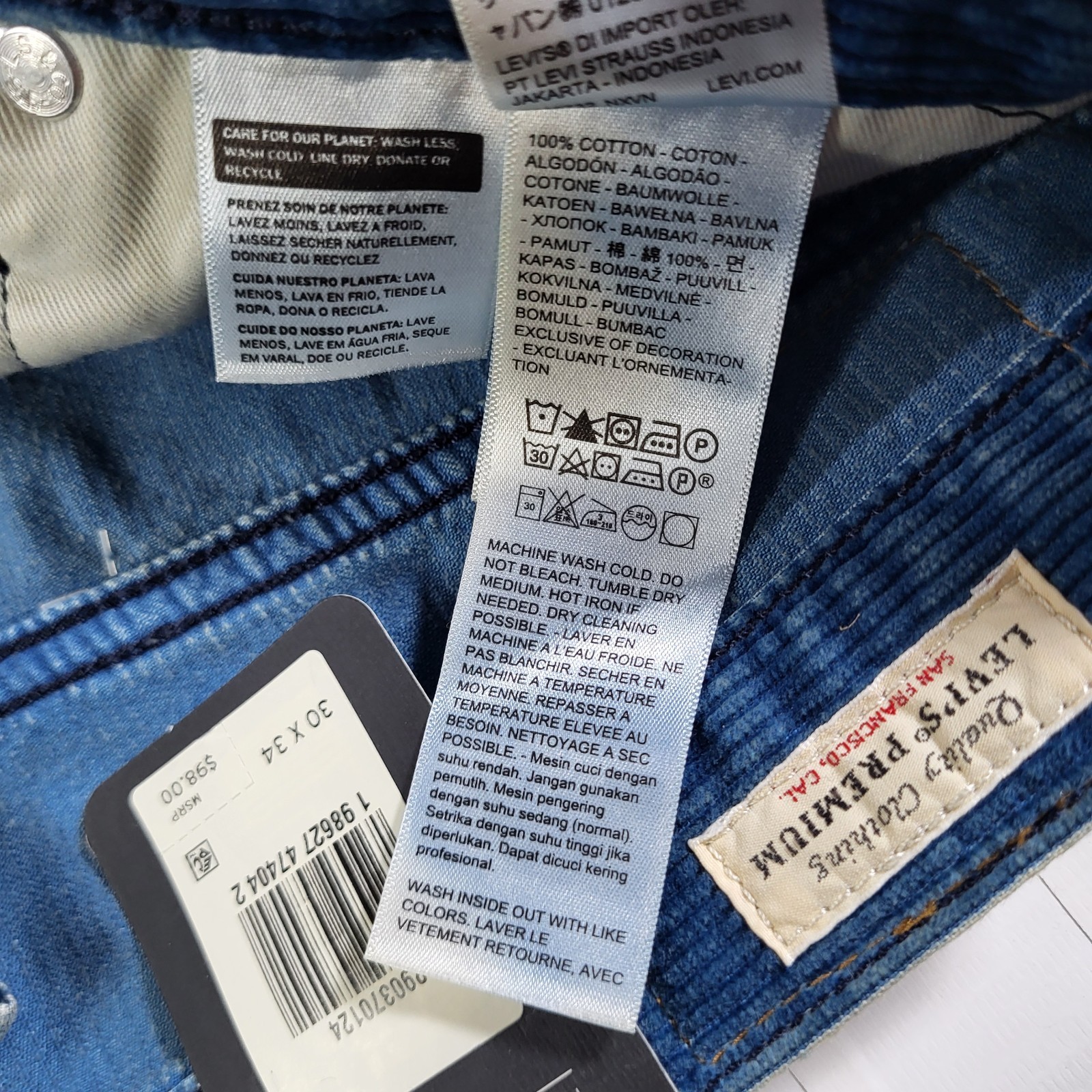 Levis Premium 568 Corduroy Jeans 30×34 New Loose Straight Men’s Blue New W Tags