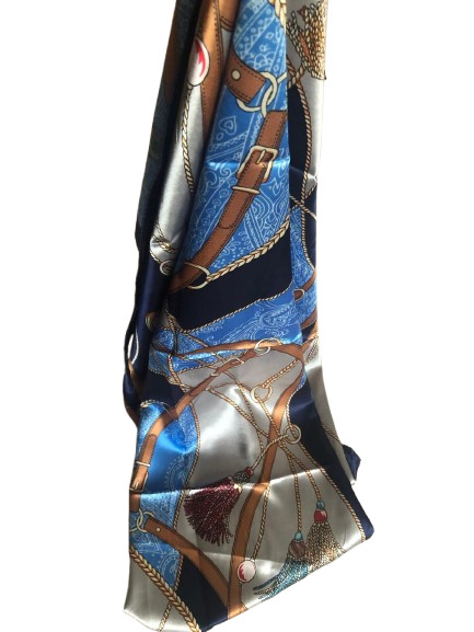 Elegant Navy Blue Polyester Scarf Silk Feel Paisley Square, Neck Head Waist Wrap