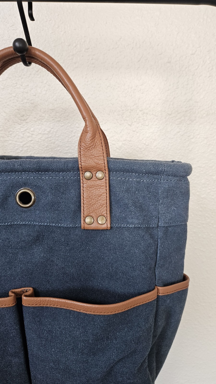 LEVENGER Blue Navy Dark Denim Canvas Brown Leather Medium Pocket Tote Bag Purse