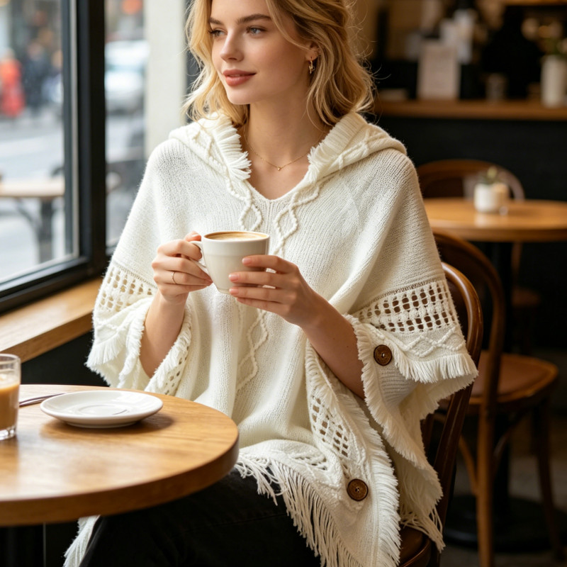 Off White Hooded Fringe Poncho Wrap for Travel Party Casual Use