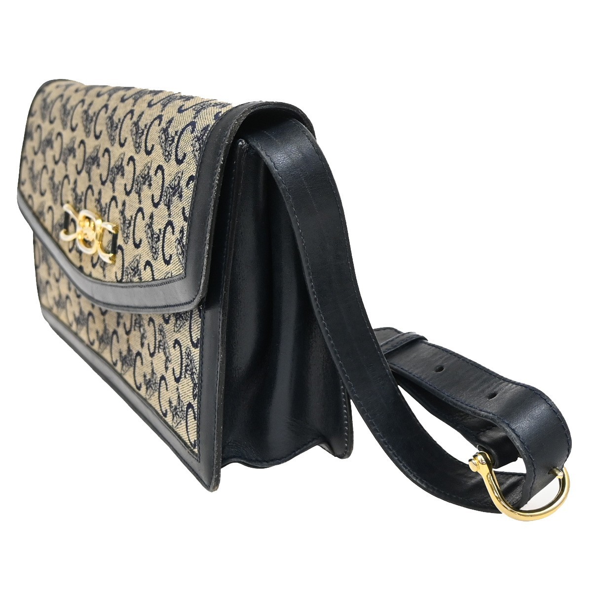 CELINE Logo C Macadam Horse Carriage Shoulder Bag Canvas Leather Blue 68KP174