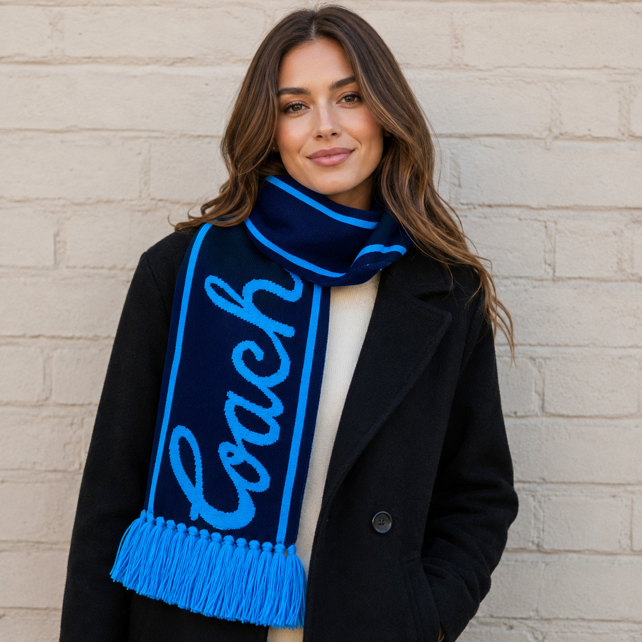 Coach Varsity Knit Logo Scarf Deep Blue NEW NWT Wool Blend Collegiate Accademia