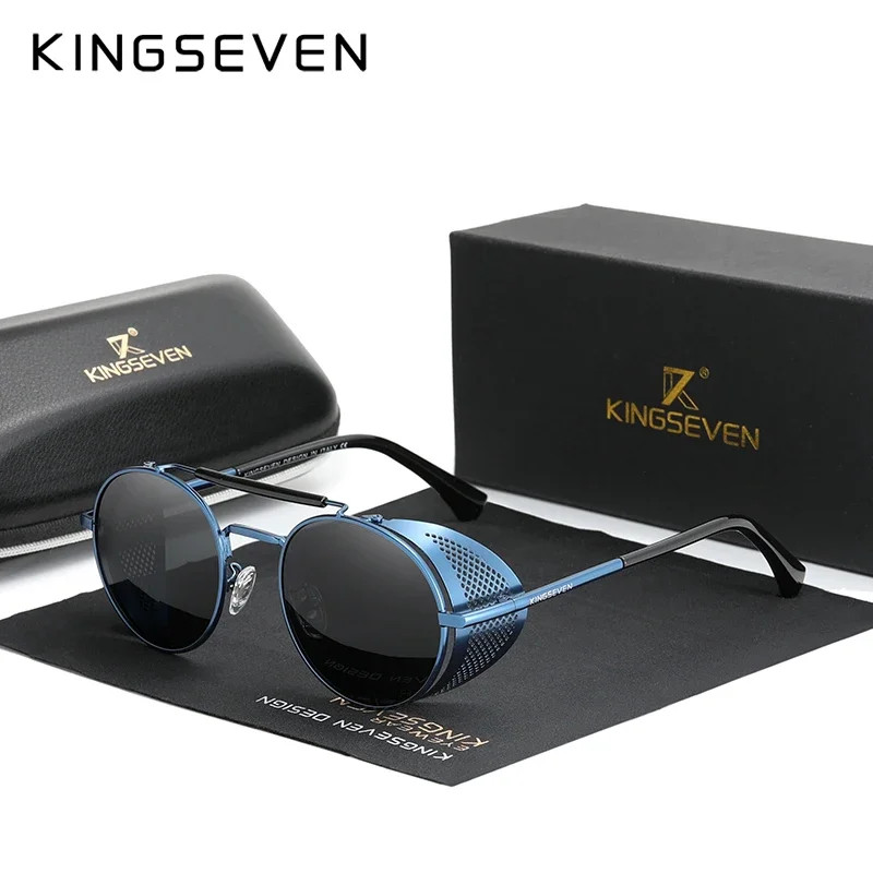 KINGSEVEN Brand Classic Gothic Steampunk Sunglasses Polarized Men Vintage Round
