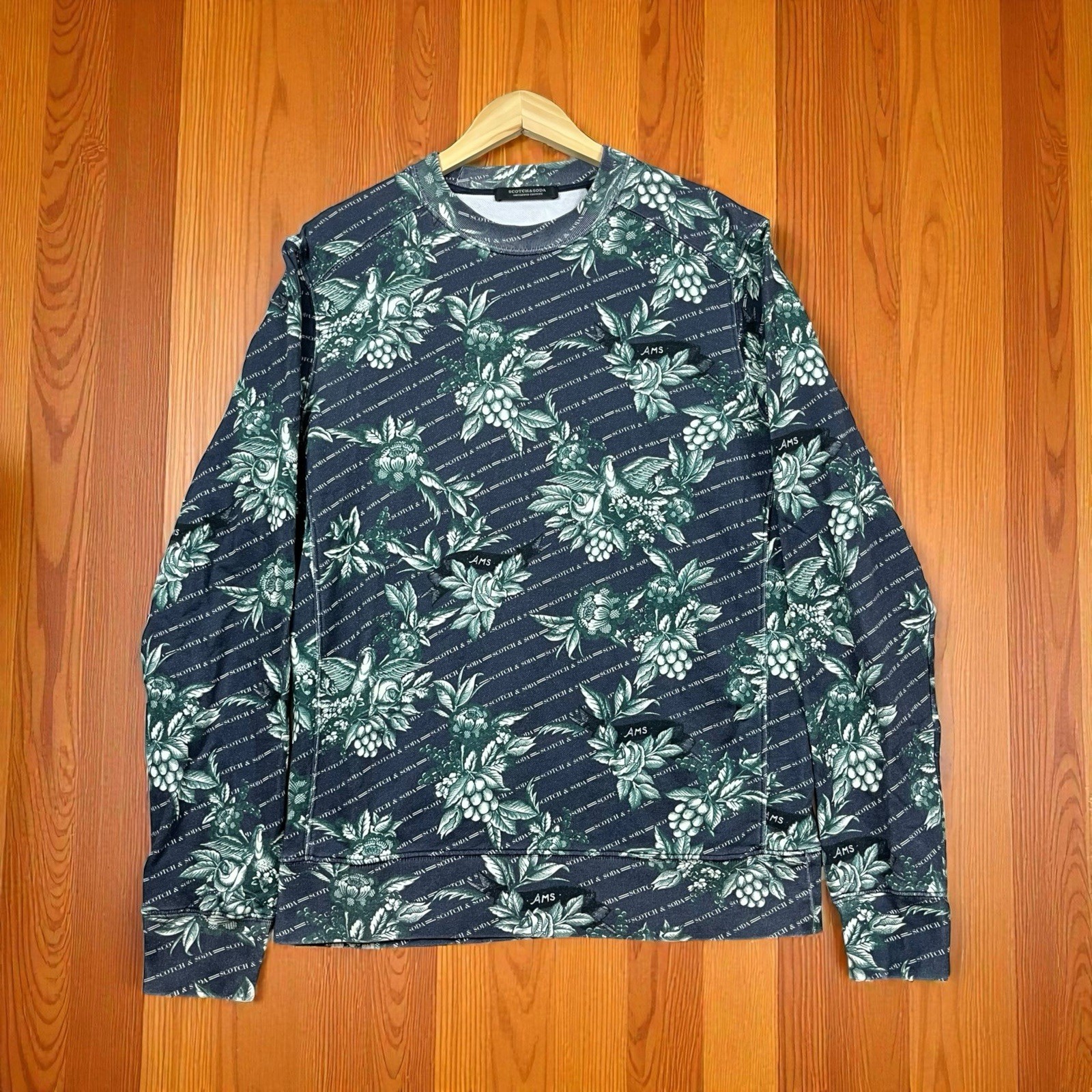 Scotch and Soda Sweatshirt Mens Large Blue Pullover Floral Long Sleeve Fade