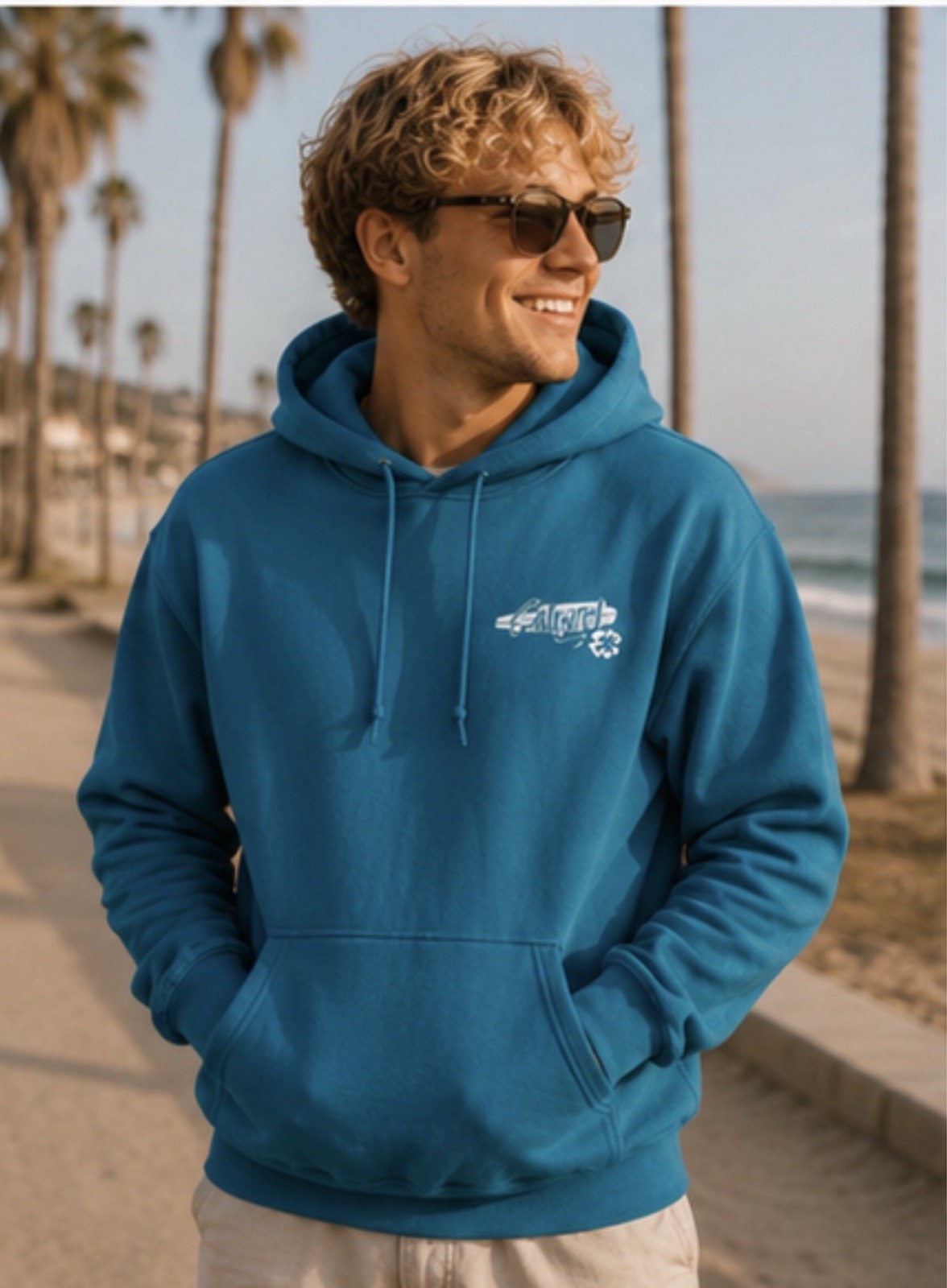 California Beach Surf Hoodie Blue Unisex Caligirl Coastal Pullover, size medium