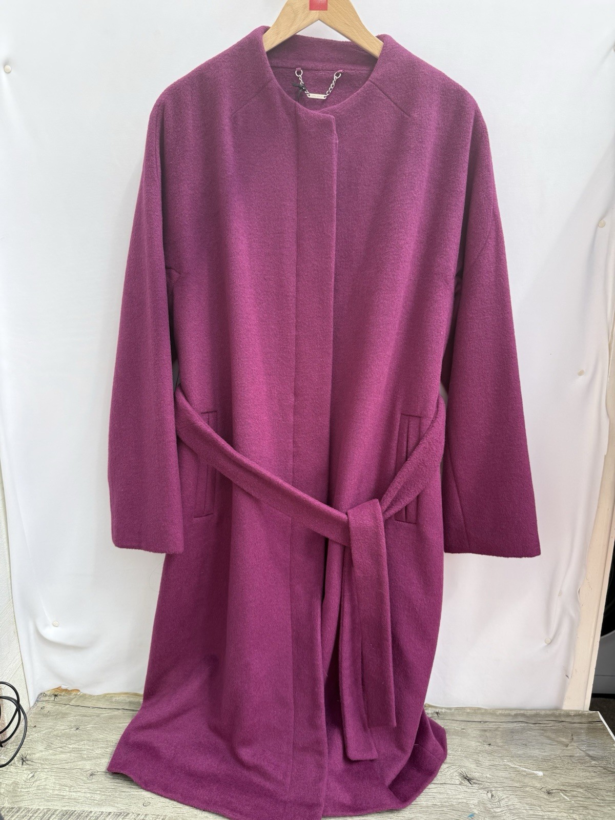 Laura Ashley Wool Blend Long Coat Pink Purple Belted Collarless Womens UK 18