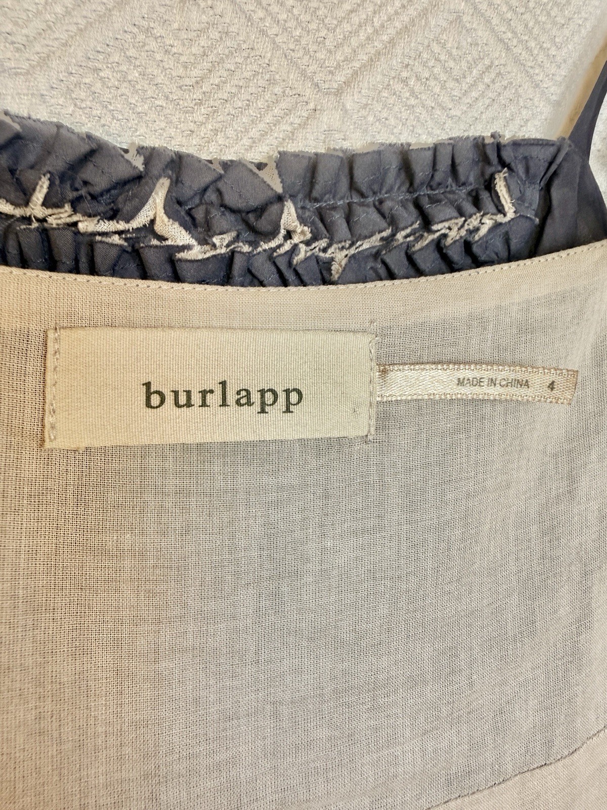 Burlapp Fit-and-Flare Grey Blue Silk Cotton Eyelet Dress Ruffled Bodice 4 Party