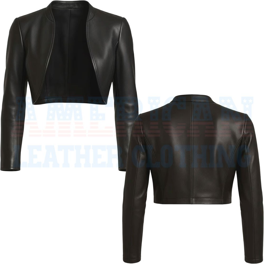 Womens Handmade Black Cropped Bolero Leather jacket Womens Cropped Black Leather