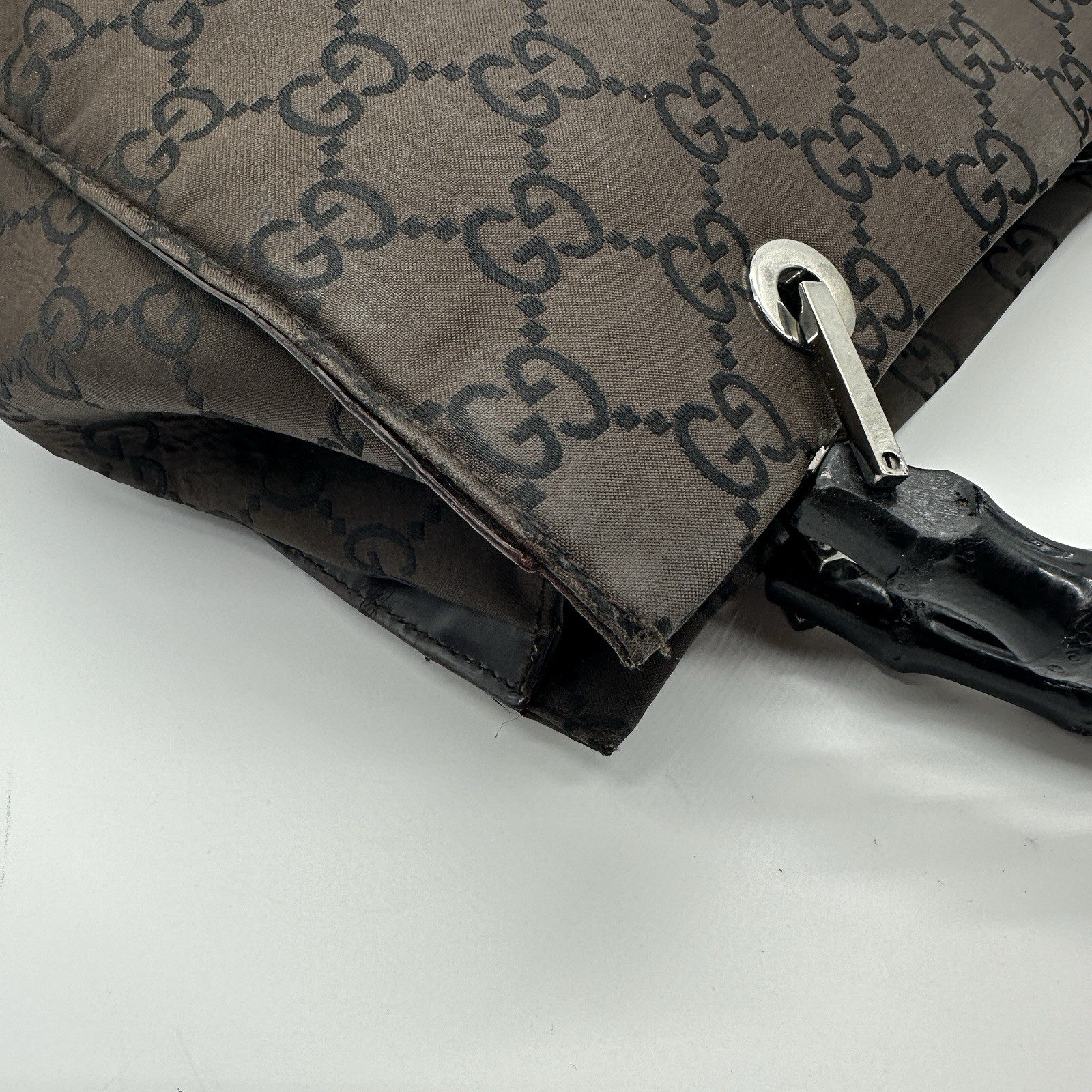 Gucci Handbag Bamboo GG Nylon Dark Brown Purse Double Handle Authentic