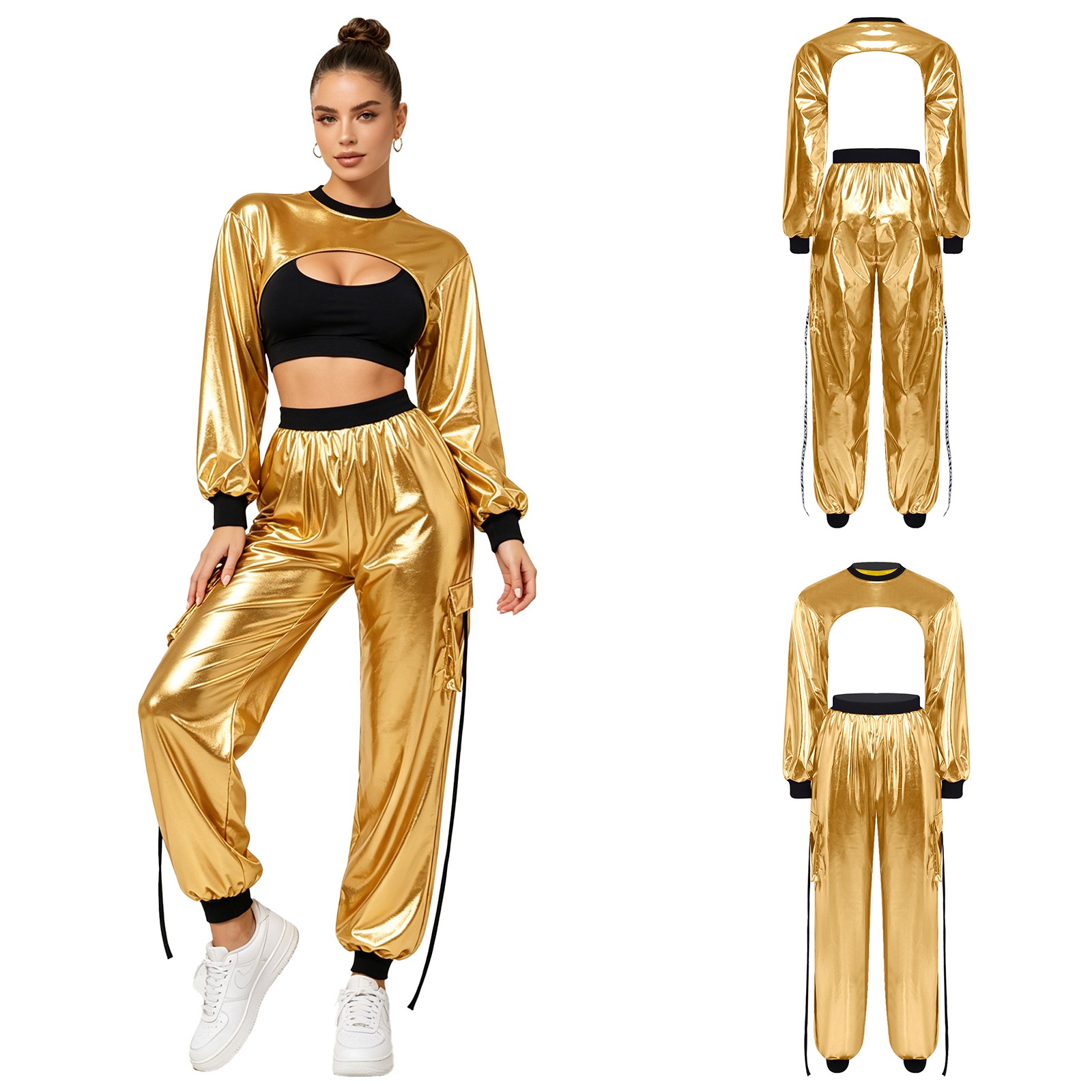 US Women Hip Hop T Shirt with Cargo Pants Pvc Leather Wet Look Shiny Metallic