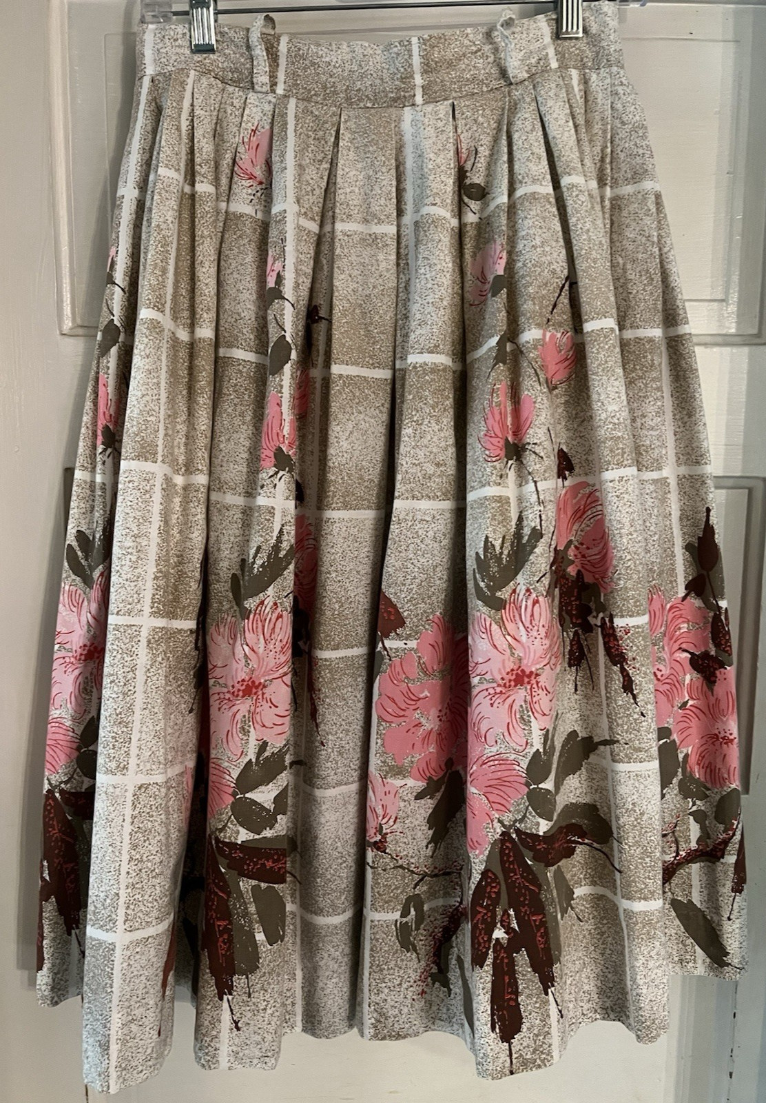 Vtg 50’s Pleated Skirt Pink Brown Floral Women’s Small 28″ Waist Retro Homemade