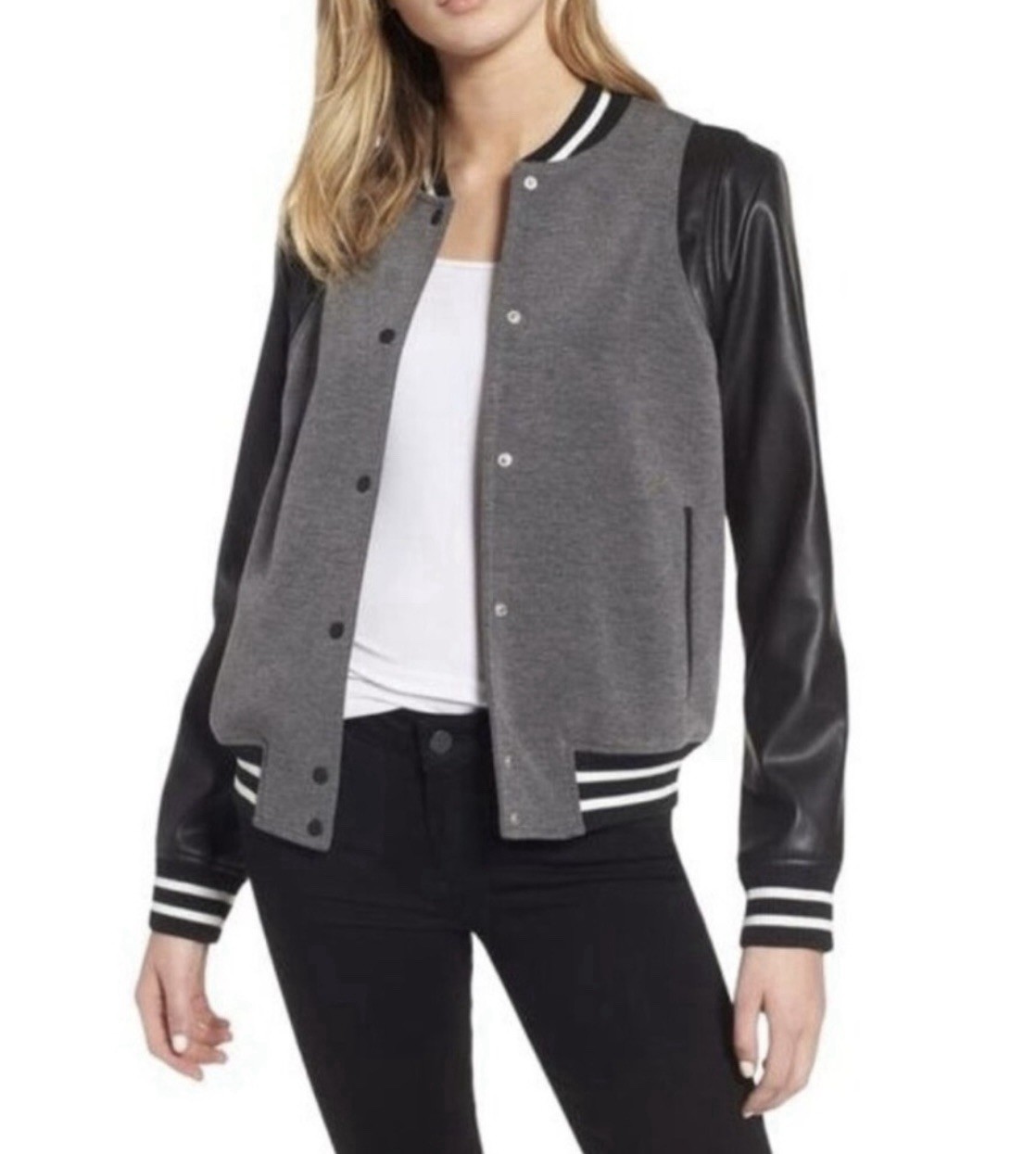 Trouvé Women’s Gray & Black Faux Leather Sleeve Varsity Style Jacket Size Large