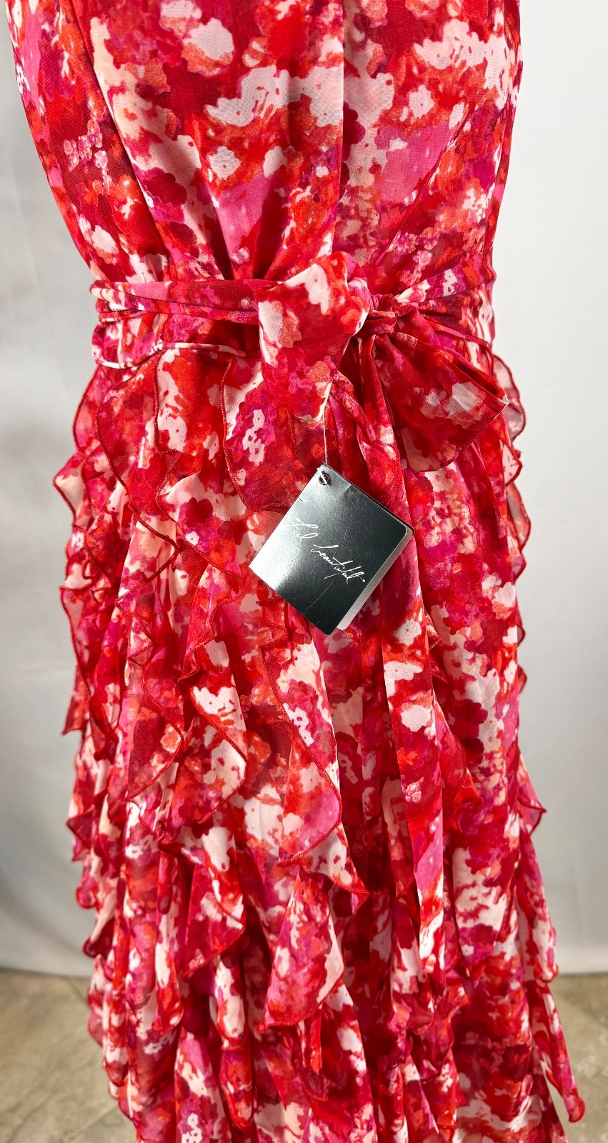 NWT White House Black Market Floral Waterfall Ruffle Chiffon Dress Pink Red Size
