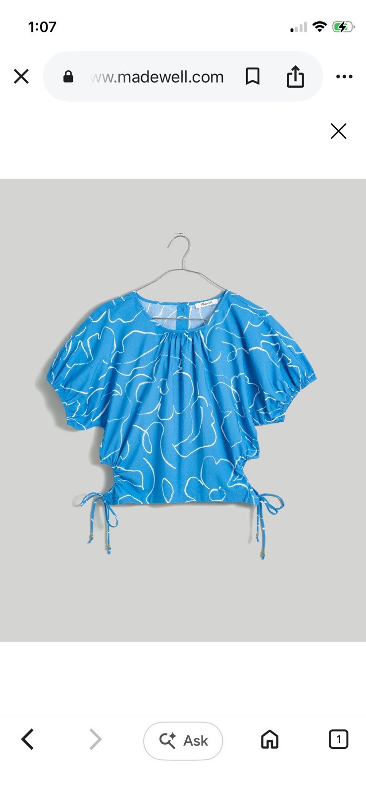 NWT Madewell XS Embroidered Poplin Puff-Sleeve Cutout Crop Top Blue Floral