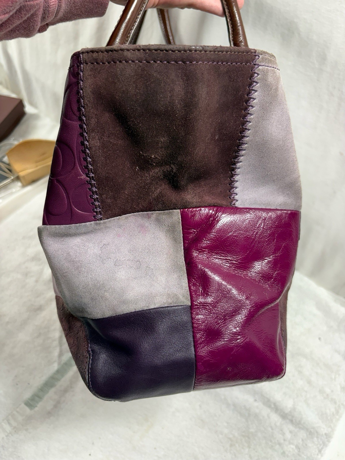 Coach Bleecker Purple Patchwork Tote Bag Leather Suede Signature Y2K F14045