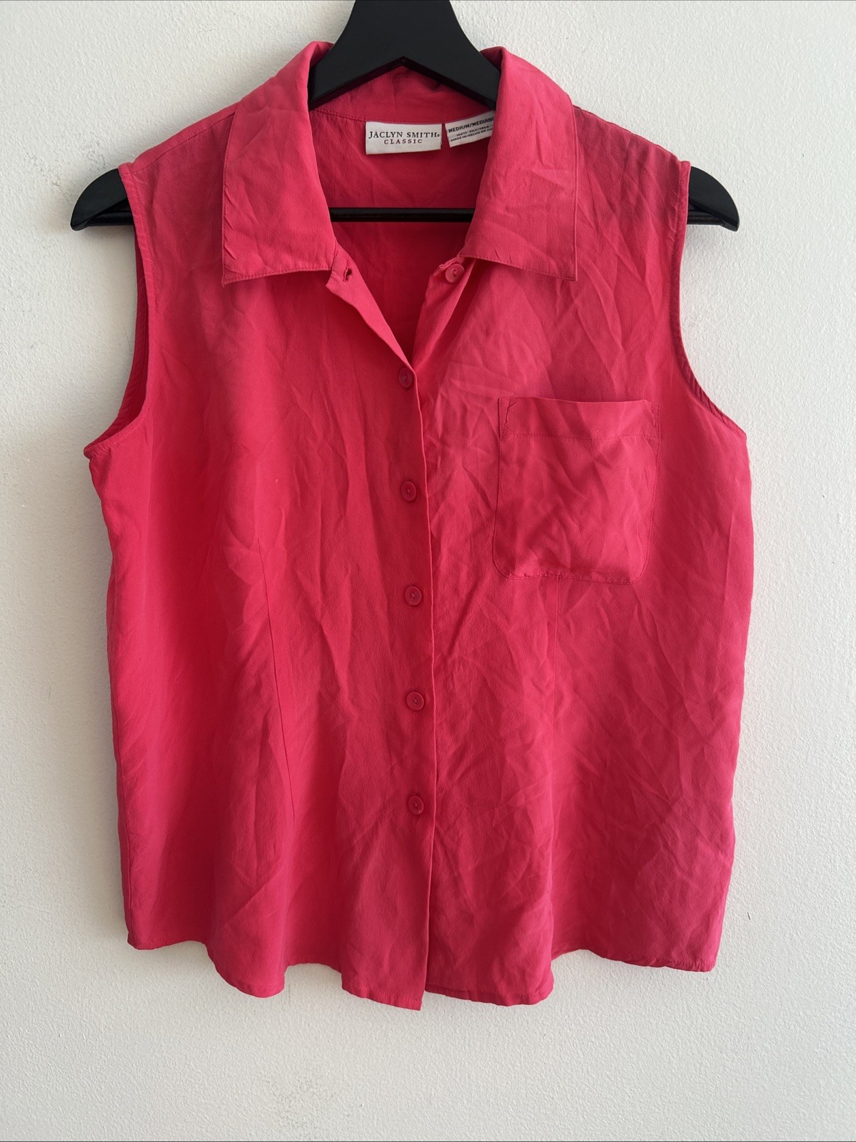 Jacky Smith Women’s 100% Silk Button Down Hot Pink Vintage Sleeveless Top Sz S