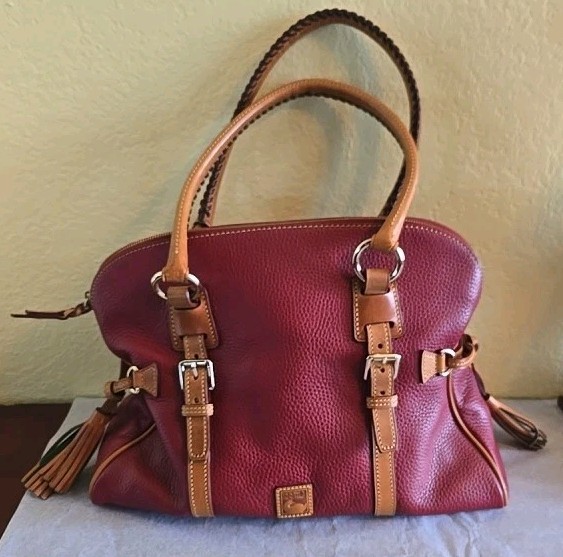 Dooney & Bourke Red Satchel Top Handle Zip Tassel Gold Hardware Bottom Studs