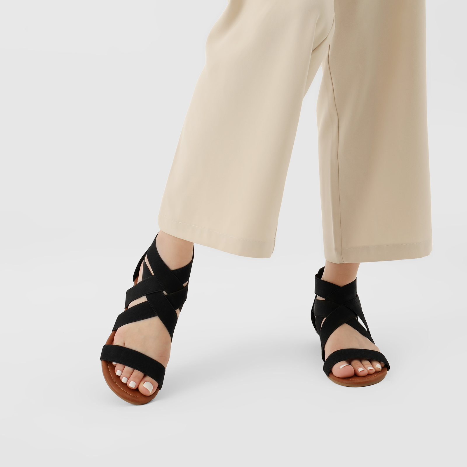 Womens Gladiator Flat Sandals Elastic Cross Ankle Straps Sandals Summer Sandals