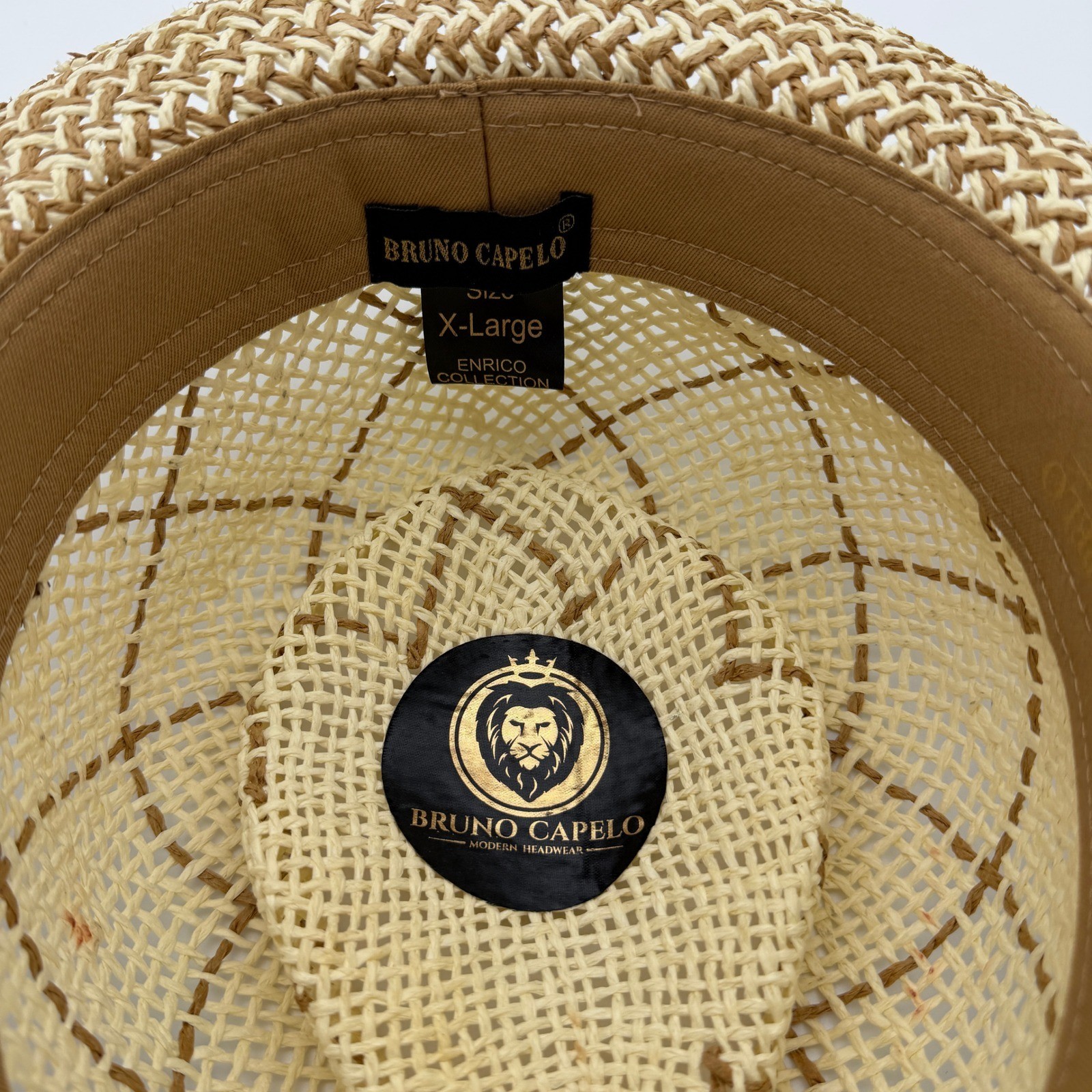 Bruno Capelo Enrico Collection Straw Fedora Hat Tan Cream Diamond Weave XL Mens