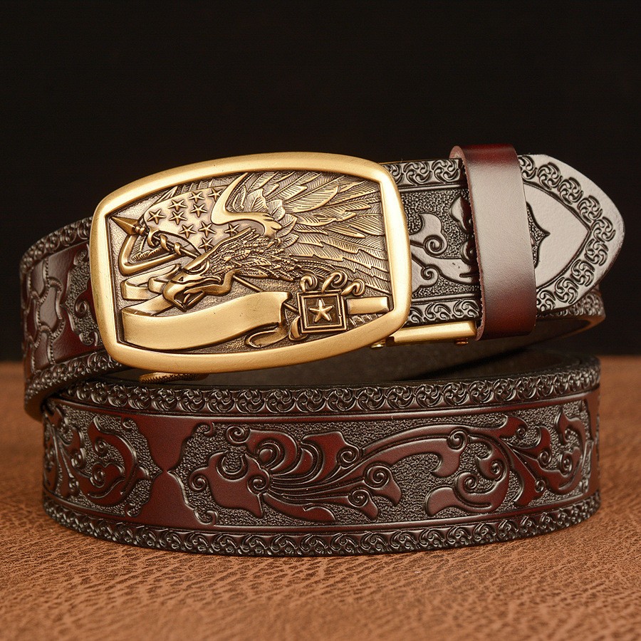 Mens Genuine Leather Ratchet Belts Adjustable Automatic Buckle Jeans Waistband