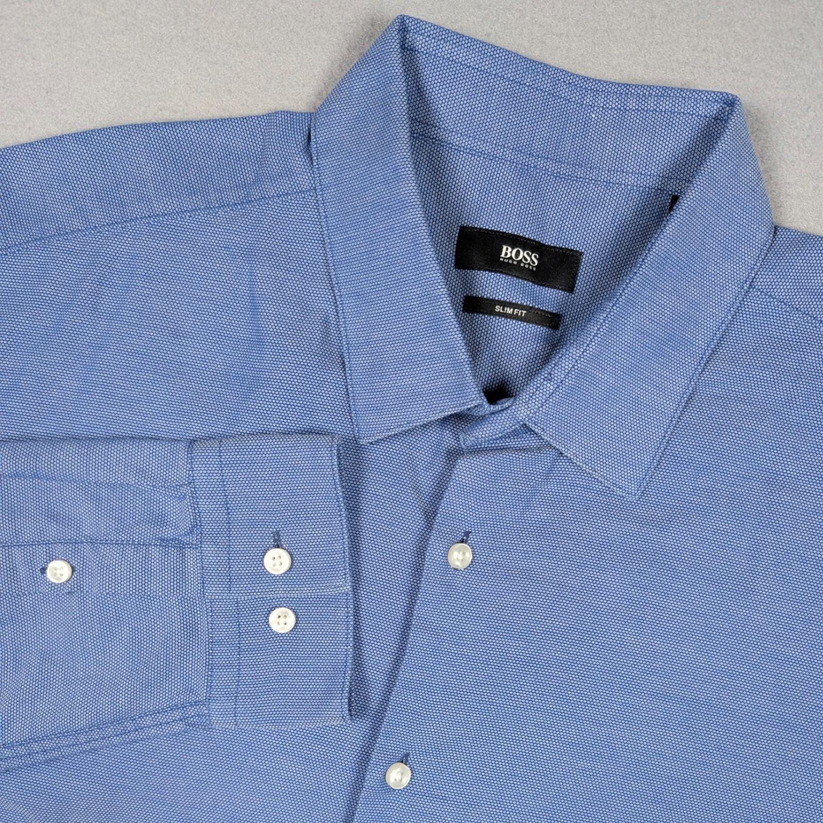 BOSS Hugo Boss Dress Shirt Mens 17 43 Blue Slim Fit Textured Made in Italy