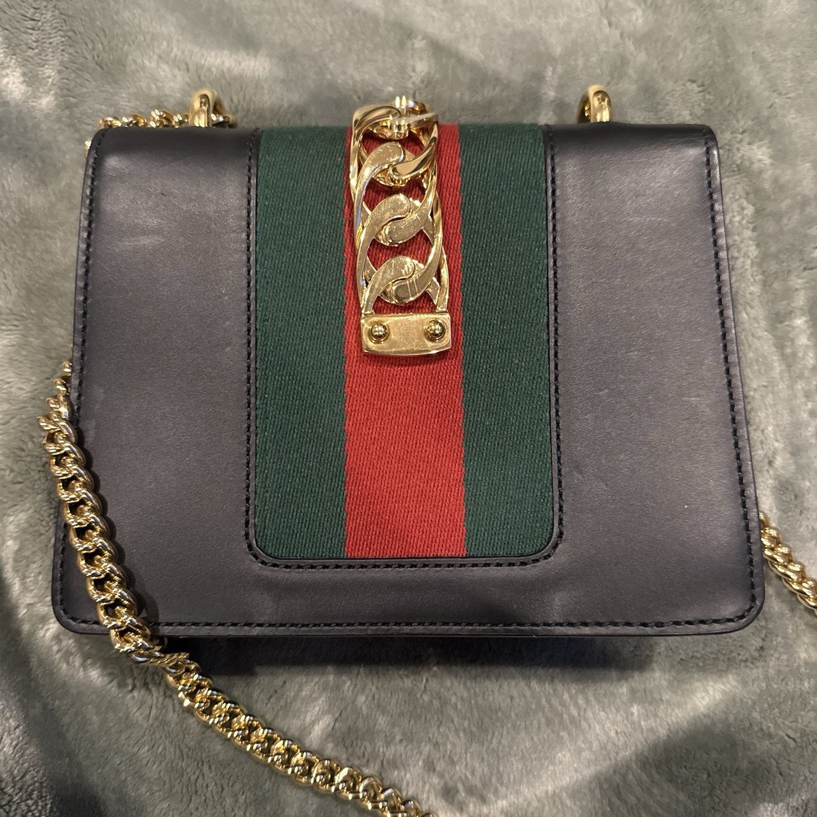 Gucci Sylvie Small Black Leather Web Stripe Gold Chain Shoulder Bag 421882