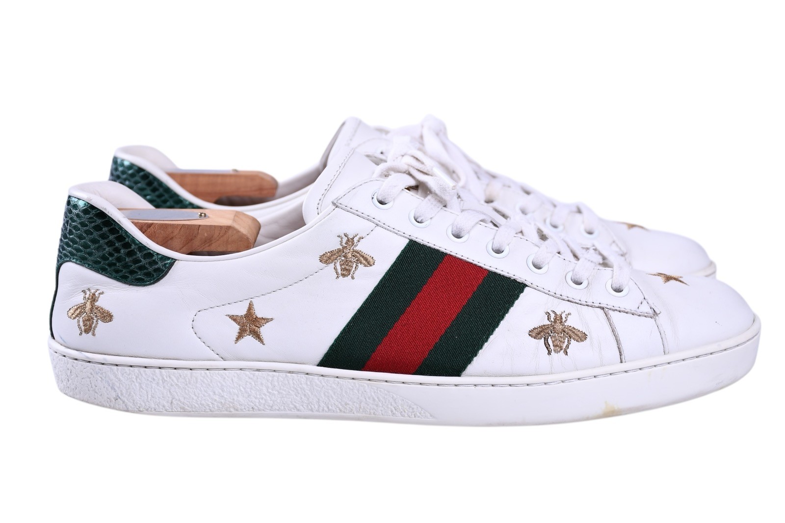 Gucci Ace Bee Star Sneakers Whie Leather Web Stripe Mens UK 9 – US 10